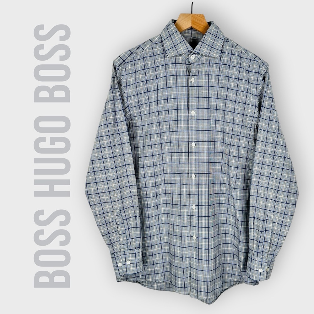 Hugo Boss Shirt Mens 15.5 Blue Plaid Cotton Sharp Fit Button Up Long Sleeves